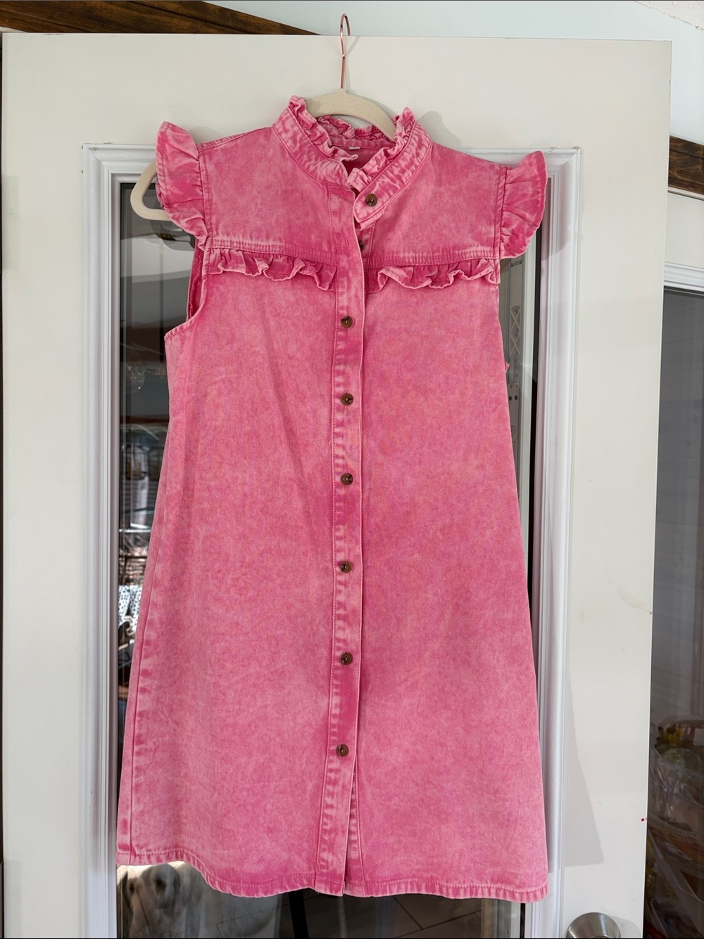 Women’s boutique Pink Ruffle-Trim Button-Front Dress